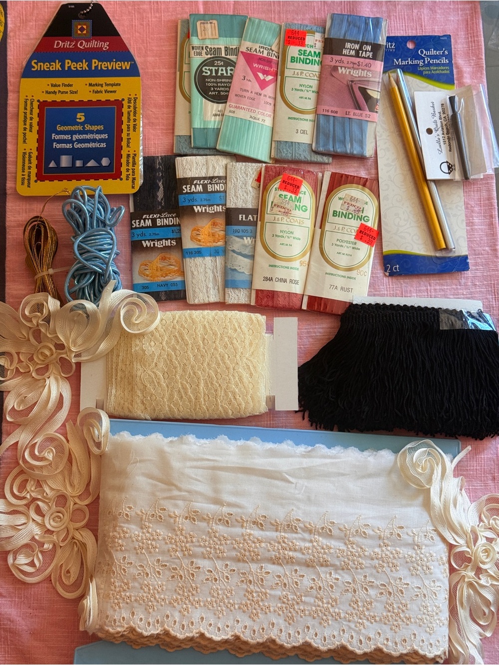 Vintage Sewing Notions Lot Lace Trim Fringe Applique Eyelet Seam Binding